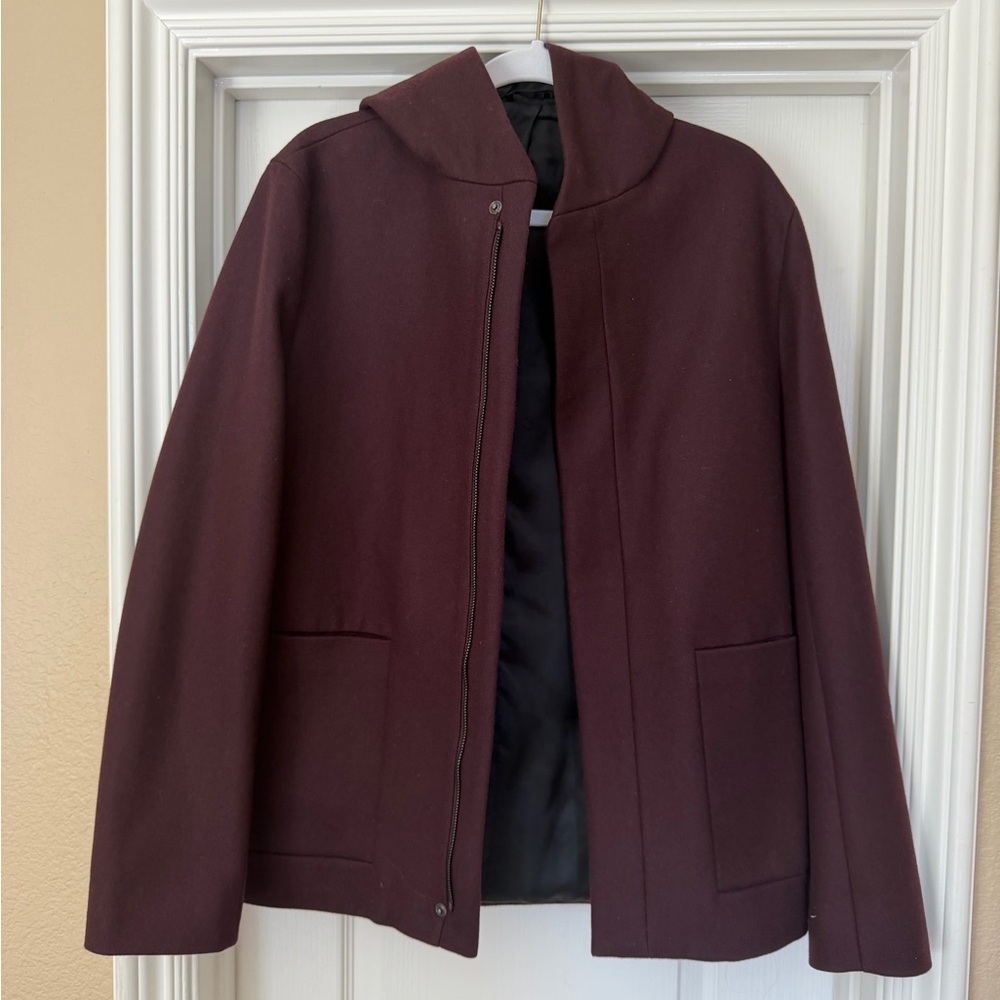 COS Women's Hooded wool Jacket in right deep Burgundy with stylish hood
